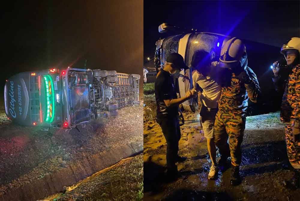 Anggota bomba membantu penumpang bas ekspres yang cedera - Foto bomba