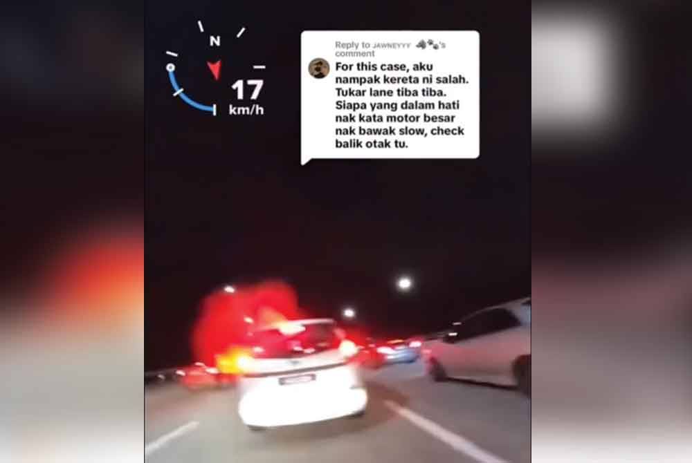 Tangkap layar video tular menunjukkan situasi sebelum berlaku kemalangan melibatkan sebuah motosikal berkuasa besar dengan sebuah kereta di Kilometer 22, Lebuhraya Karak pada Selasa.