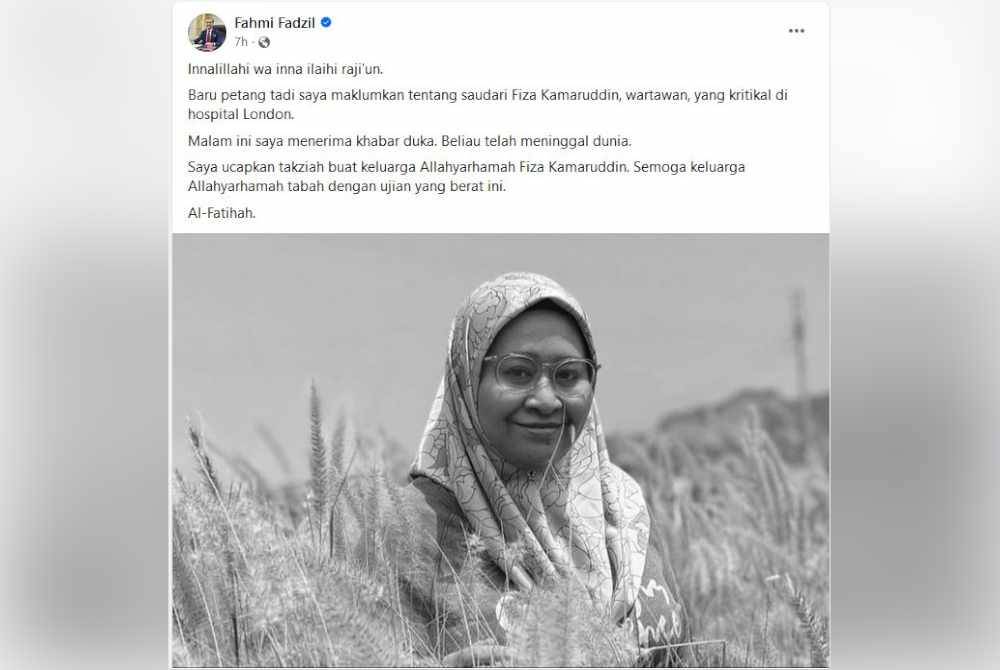 Tangkap layar ucapan takziah di Facebook Fahmi Fadzil malam tadi.