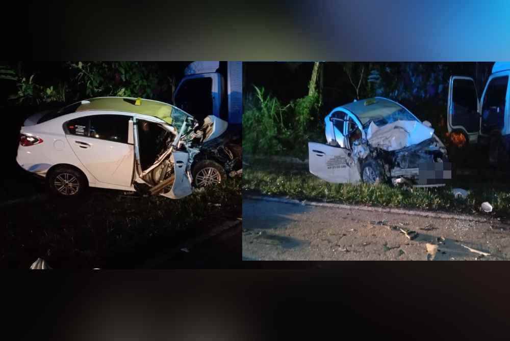 Keadaan kereta Proton Persona remuk selepas bertembung dengan lori di Jalan Kimanis-Keningau, Papar.