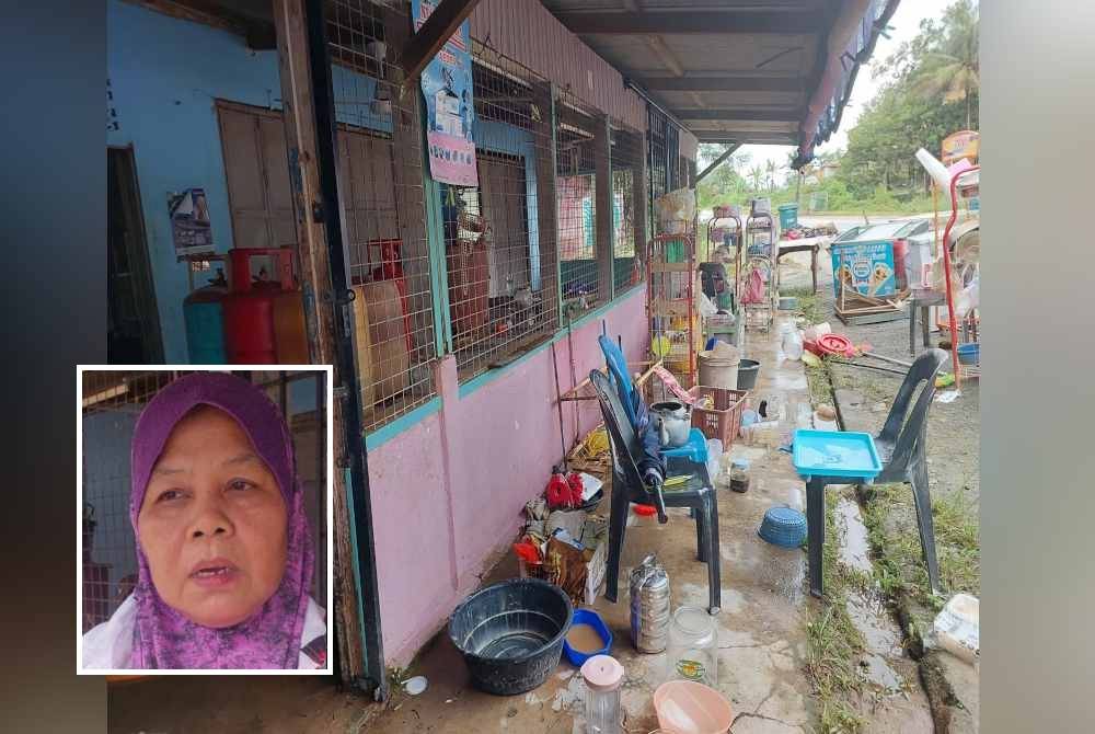 
Keadaan luar kedai selepas dilanda banjir. Gambar kecil: Fatimah