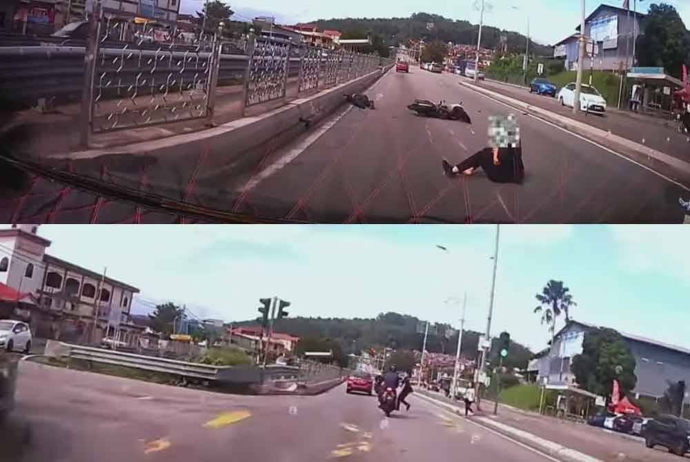 Penunggang motosikal tidak sempat mengelak pejalan kaki yang melintas secara tiba-tiba.