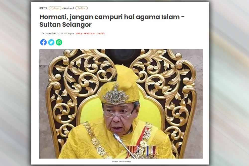 Titah Sultan Sharafuddin Idris Shah yang mengingatkan rakyat bukan beragama Islam untuk tidak mencampuri sebarang urusan berkaitan hal ehwal agama Islam merupakan isyarat kepada mana-mana pihak supaya berhati-hati dalam mengeluarkan kenyataan.