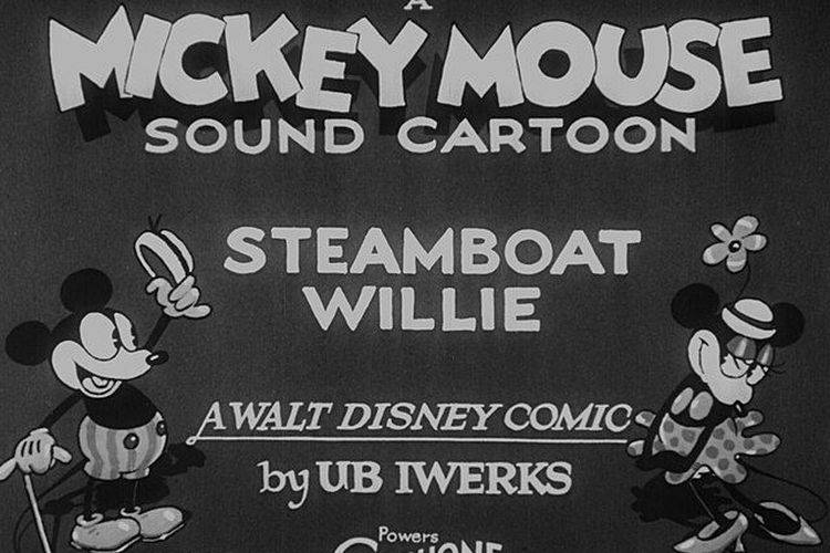 Poster animasi &#039;Steamboat Willie&#039; yang menampilkan Mickey Mouse pada 18 November 1928.
