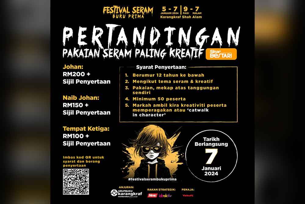 51 peserta cilik termasuk paling muda berusia dua tahun bakal berentap dalam Pertandingan Pakaian Paling Seram Sinar Bestari pada 7 Januari ini sempena Festival Seram Buku Prima 2024 di Kompleks Kumpulan Karangkraf. 