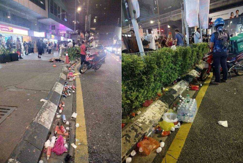 Keadaan sisa sampah makanan dan minuman bertaburan atas jalan ketika sambutan ambang tahun baharu. Foto Facebook DBKL