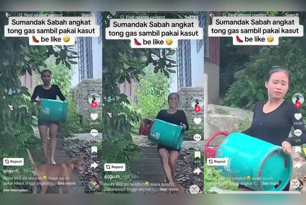 Tular video sumandak Sabah mengangkat tong LPG dengan memakai kasut tumit tinggi.