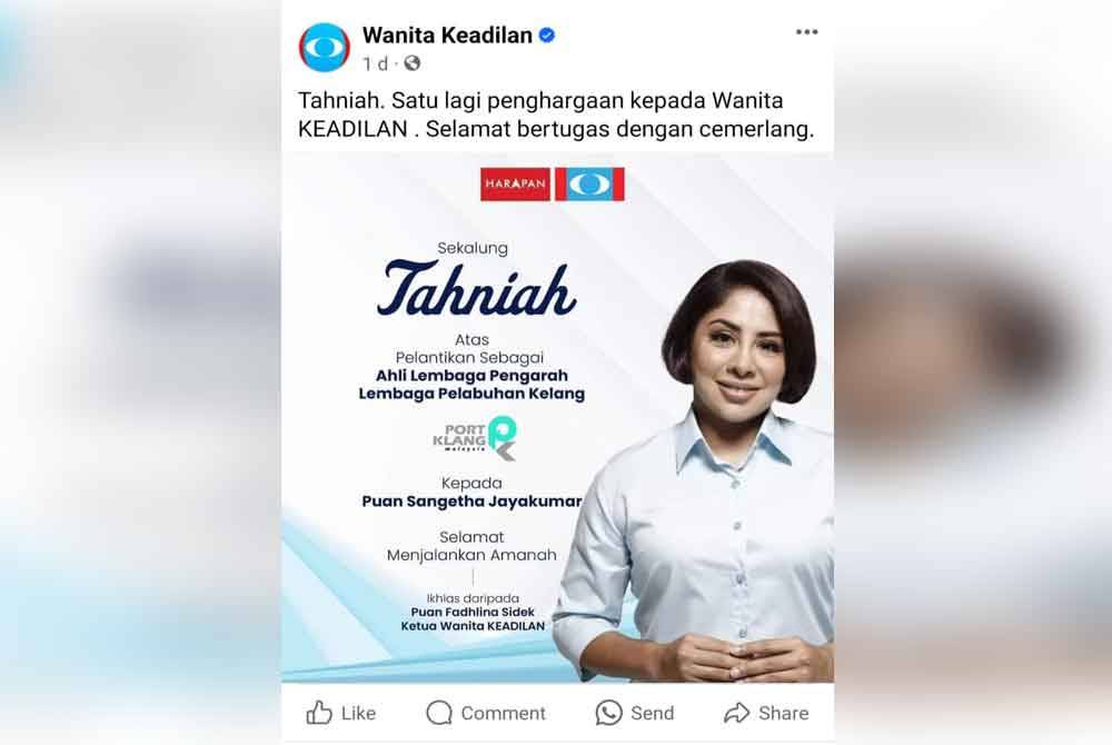 Hantaran Wanita PKR mengenai pelantikan Sangetha sebagai Ahli Lembaga Pengarah PKA di Facebook rasmi mereka pada Ahad.