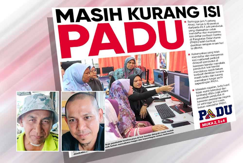 Muka depan Sinar Harian pada Isnin berhubung laporan Pangkalan Data Utama (PADU). Gambar kecil dari kiri: Mohd Jaafar, Syukri