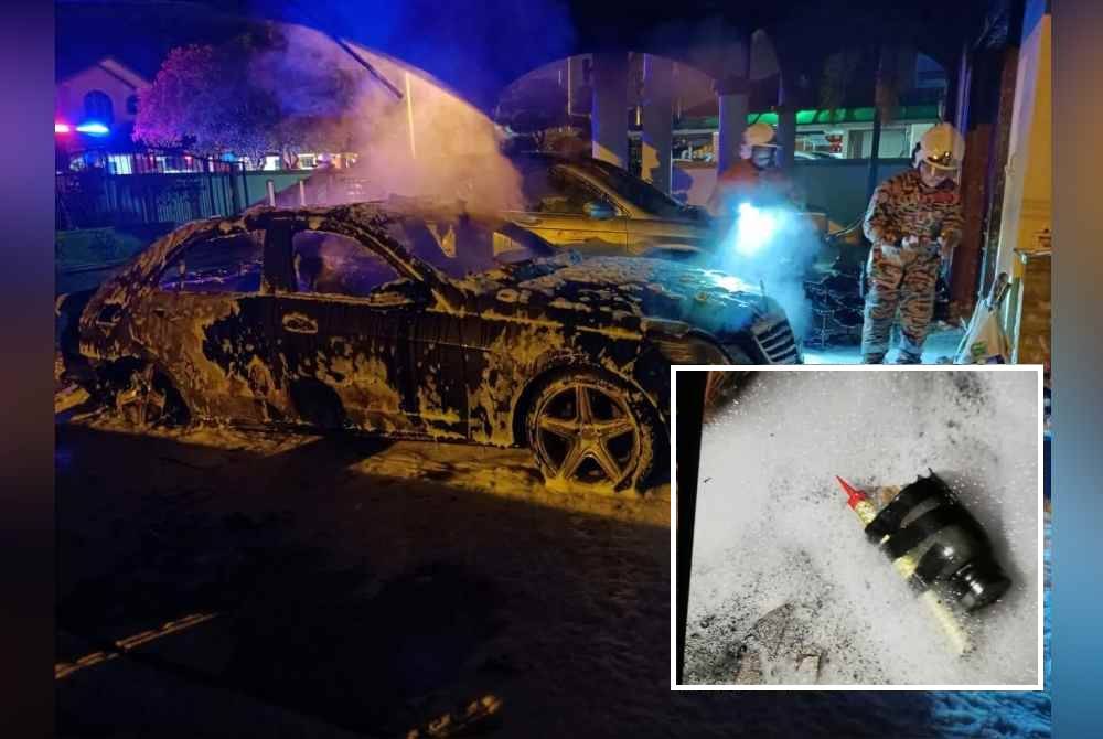 Keadaan kereta yang terbakar dalam kejadian di kediaman Koo Ham di Taman Semarak Jaya di Ayer Tawar pada awal pagi Rabu. Gambar kecil: Botol disyaki mengandungi bahan letupan dipercayai molotov cocktail.