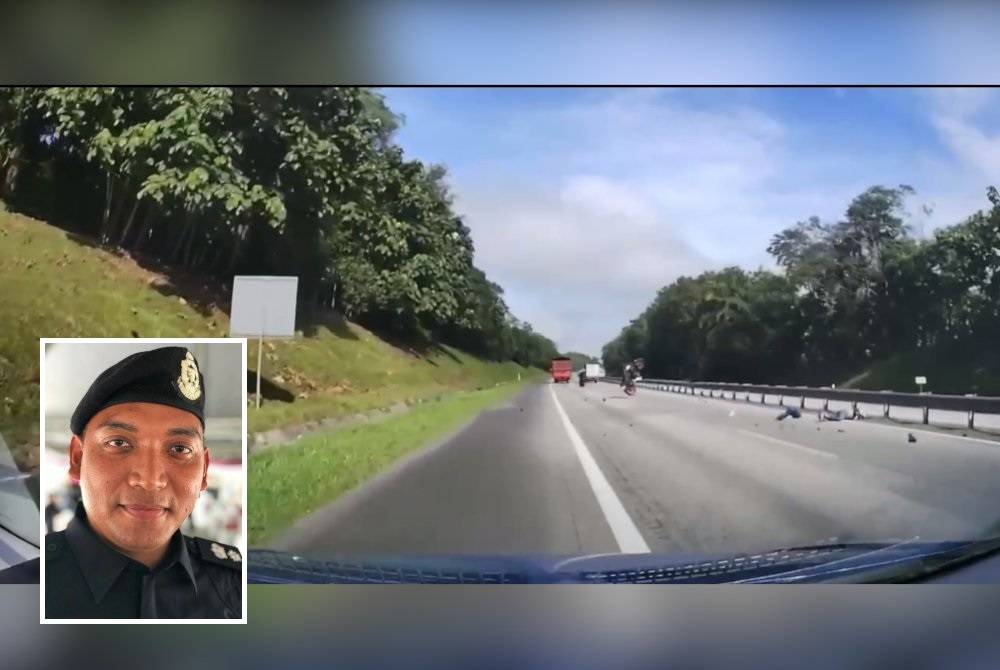 Tangkap layar video tular kemalangan membabitkan motosikal ditunggangi suami isteri dengan sebuah lori yang menukar laluan secara tiba-tiba. Gambar kecil: Mohd Hasni