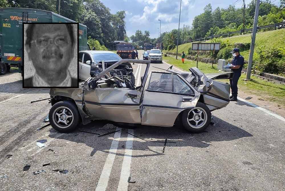 Keadaan kereta mangsa remuk teruk setelah dilanggar sebuah Myvi sebelum dirempuh lori di Jalan Hutang Simpan Masjid Tanah pada Khamis. Gambar kecil: Yahya