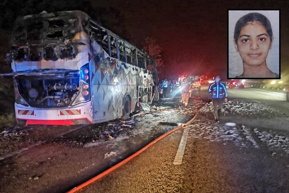 Bas ekspres yang membawa 28 penumpang terbakar dan seorang dilaporkan maut di Kilometer 198.0 Lebuh Raya Utara-Selatan (arah utara) awal pagi Sabtu. (Gambar kecil: Yafarah Taj)