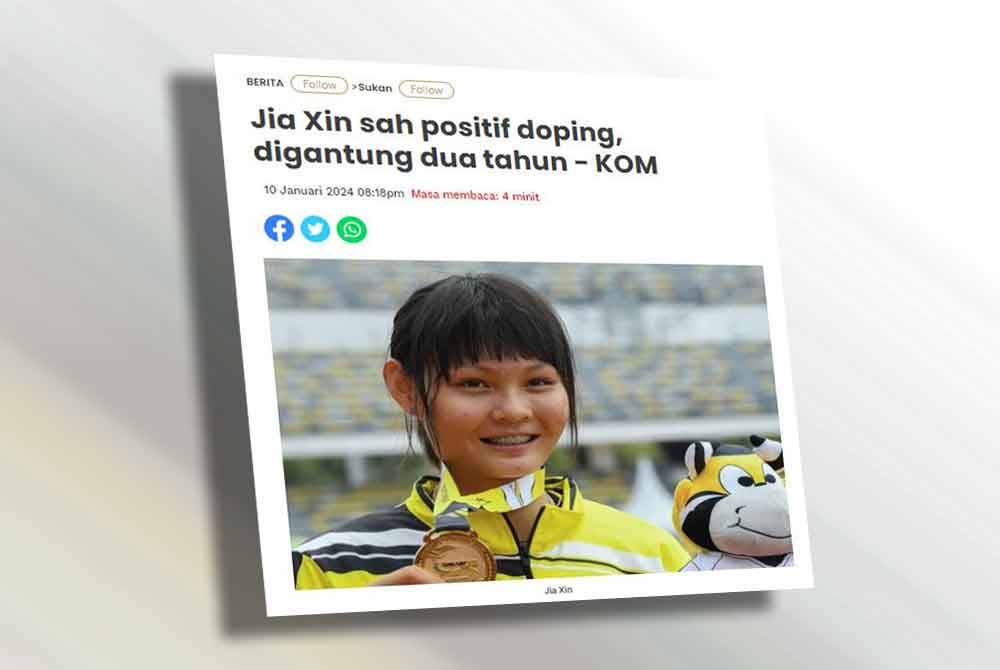 Jia Xin disahkan positif doping pada Kejohanan Trek dan Balapan Kesatuan Olahraga Malaysia (KOM) yang berlangsung pada Februari lalu di Stadium Mini, Majlis Sukan Negara, Bukit Jalil.