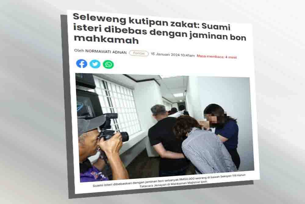 Pasangan yang bertindak sebagai ejen kutipan zakat itu telah dibebaskan dengan jaminan bon mahkamah pada Isnin.