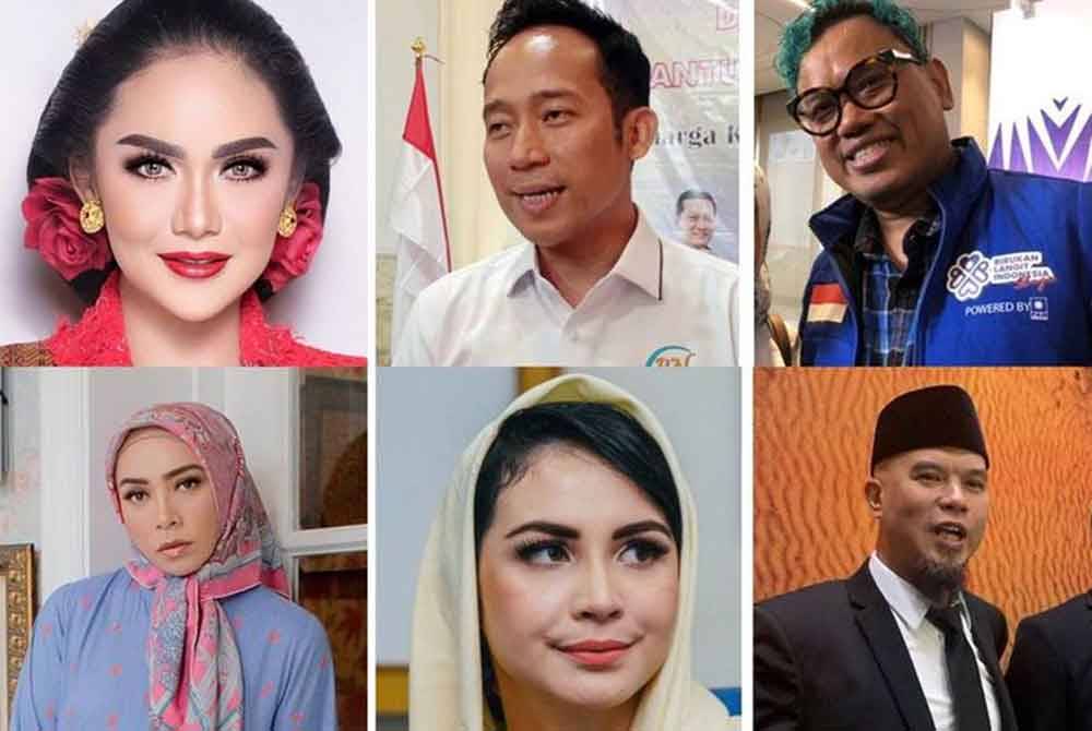 Dari kiri atas: Krisdayanti (PDI-P), Denny Cagur (PDI-P), Uya Kuya (PAN) manakala dari kiri bawah: Melly Goeslaw (Gerindra), Arumi Bachsin (Demokrat), dan Ahmad Dhani (Gerindra) bakal caleg pada Pemilu 2024. Foto Agensi