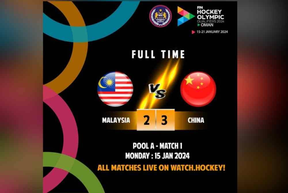 Skuad hoki negara terpaksa akur tewas 2-3 kepada China dalam aksi pertama pusingan Kelayakan Sukan Olimpik Paris 2024 di Muscat, Oman pada tengah malam Isnin. Foto FB MHC