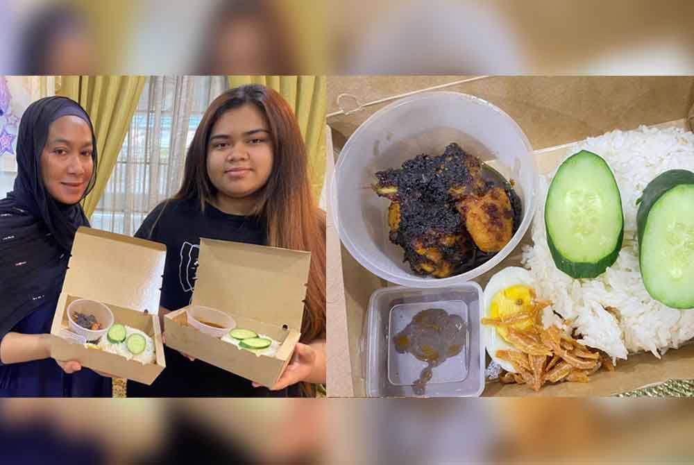 Nik Nordamia (kanan) bersama ibunya, Rosfarida menunjukkan nasi lemak yang dijual mereka. Nasi lemak ayam antara menu yang dijual kepada pelanggan (kanan).