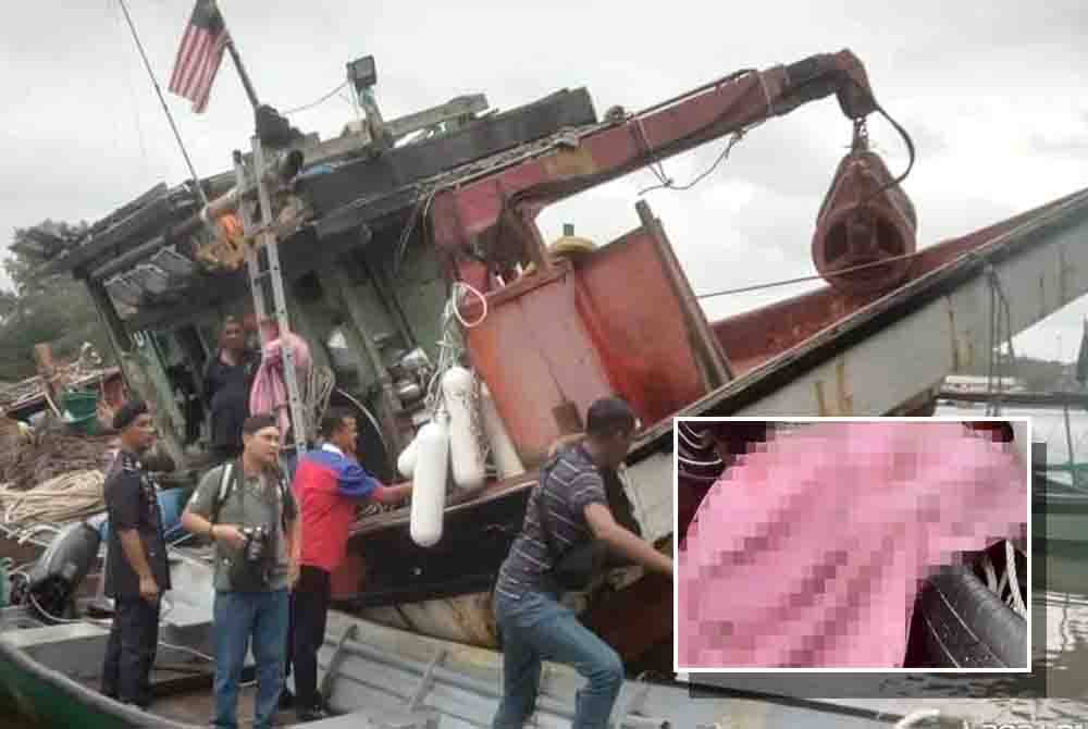 Mangsa ditemukan meninggal dunia di atas bot di kuala Sungai Marang, Terengganu pada pagi Selasa. Foto Ihsan JBPM. Keadaan mangsa ketika ditemukan meninggal dunia.