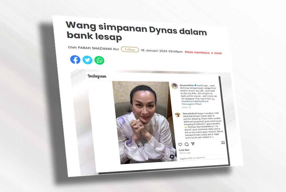 PELAKON dan pengacara, Dynas Mokhtar berkongsi rasa sedih apabila wang simpanannya di bank ‘hilang’ dan akaunnya hampir kosong.