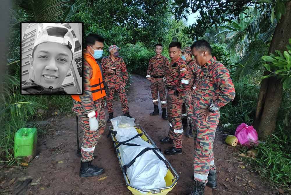 Anggota bomba mengangkat mayat mangsa Muhammad Amirul yang ditemukan mati lemas setelah terjatuh di Sungai Benut di Pontian dua hari lalu. Gambar kecil: Muhammad Amirul