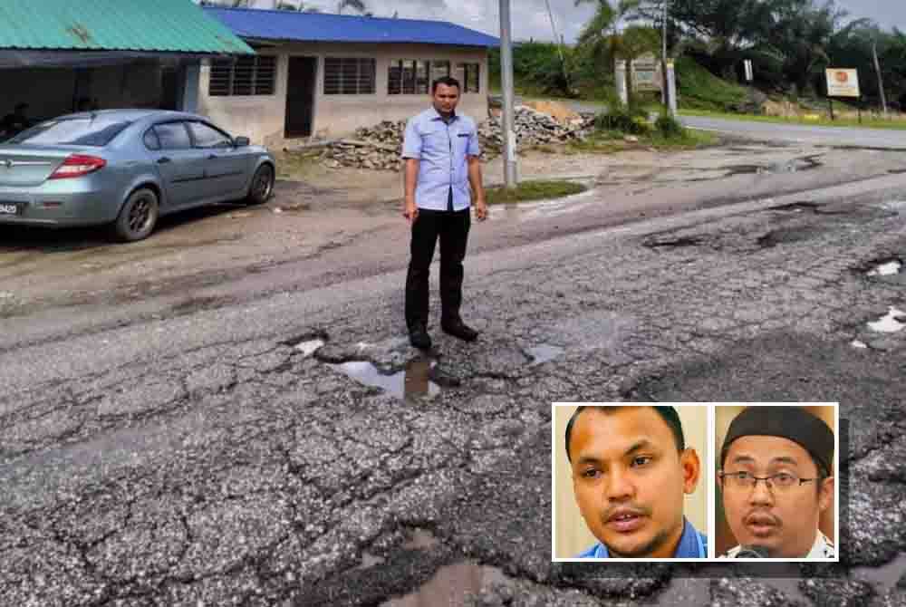 Keadaan kerosakan jalan di laluan utama ke Pekan Sungai Lembing pada Khamis. Gambar kecil: Mohamad Ayub, Ahmad Azlan