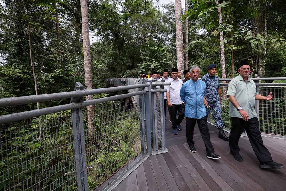 Al-Sultan Abdullah berkenan mendengar penerangan daripada Pengarah Bahagian Reakreasi Alam Semulajadi, Perhilitan Semenanjung Malaysia, Haidar Khan Makbol Hassan (kanan) ketika mencemar duli berjalan melalui Treetop Walk, Taman Negara Pahang, Sungai Relau selepas menyempurnakan Majlis Pemasyhuran Lipis sebagai Geopark Kebangsaan di Taman Negara Sungai Relau di sini hari ini. Foto Bernama