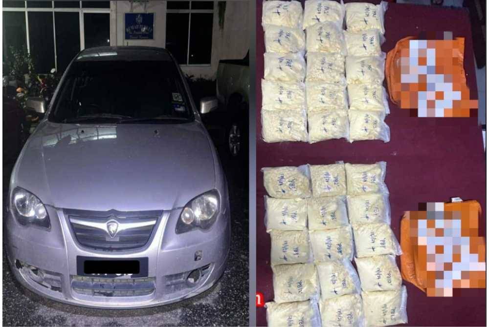 Pihak polis menemui dadah jenis heroin seberat 13.18kg di dalam kenderaan yang digunakan suspek.