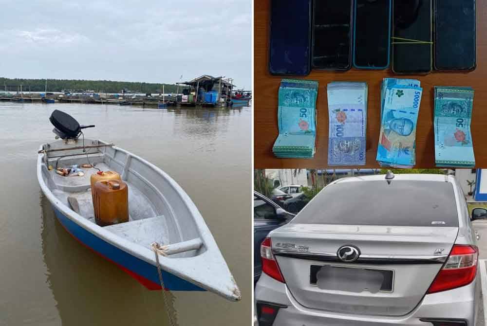 Bot, kereta dan wang tunai serta telefon yang dirampas. Foto IPD Pontian