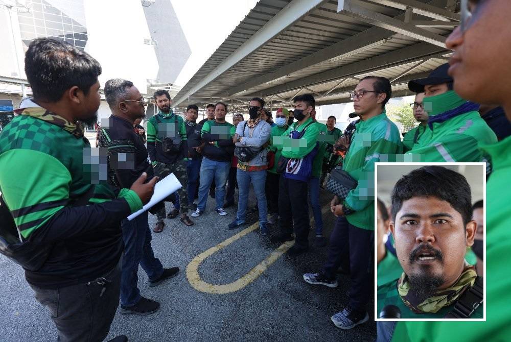 Penunggang p-hailing di Perak menyerahkan memorandum bantahan kepada pihak pengurusan di Aeon Big Falim di Ipoh pada Jumaat. Gambar kecil: Khairul Akmal