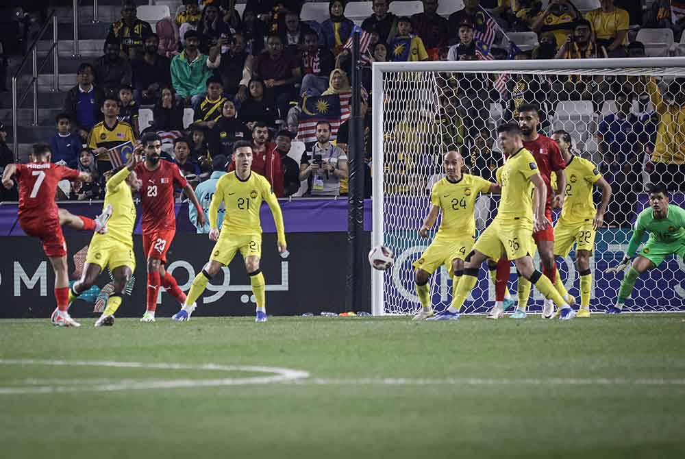 Ali Madan ketika menjaringkan gol pada perlawanan di antara Malaysia menentang Bahrain peringkat kumpulan E Piala Asia 2023 di Stadium Jassim Bin Hamad pada Sabtu. Foto Bernama