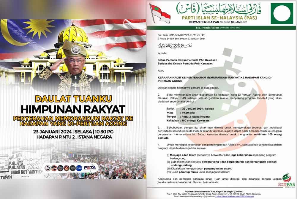 Surat tular didakwa dikeluarkan Pemuda Pas Selangor mengenai penyerahan memorandum rakyat kepada Yang di-Pertuan Agong dijadualkan akan berlangsung pada Selasa di Istana Negara.