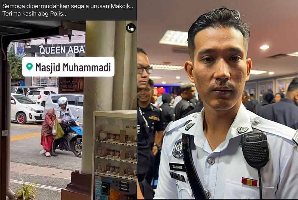 Rakaman Muhammad Zulhairie lengkap beruniform polis trafik menurunkan warga emas yang dibantunya di kawasan Masjid Muhammadi. - sumber media sosial