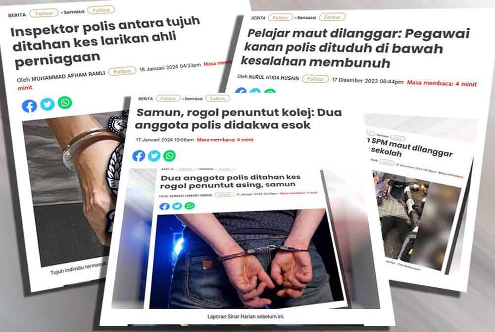 Laporan Sinar Harian mengenai kes-kes jenayah yang didakwa melibatkan anggota dan pegawai polis.