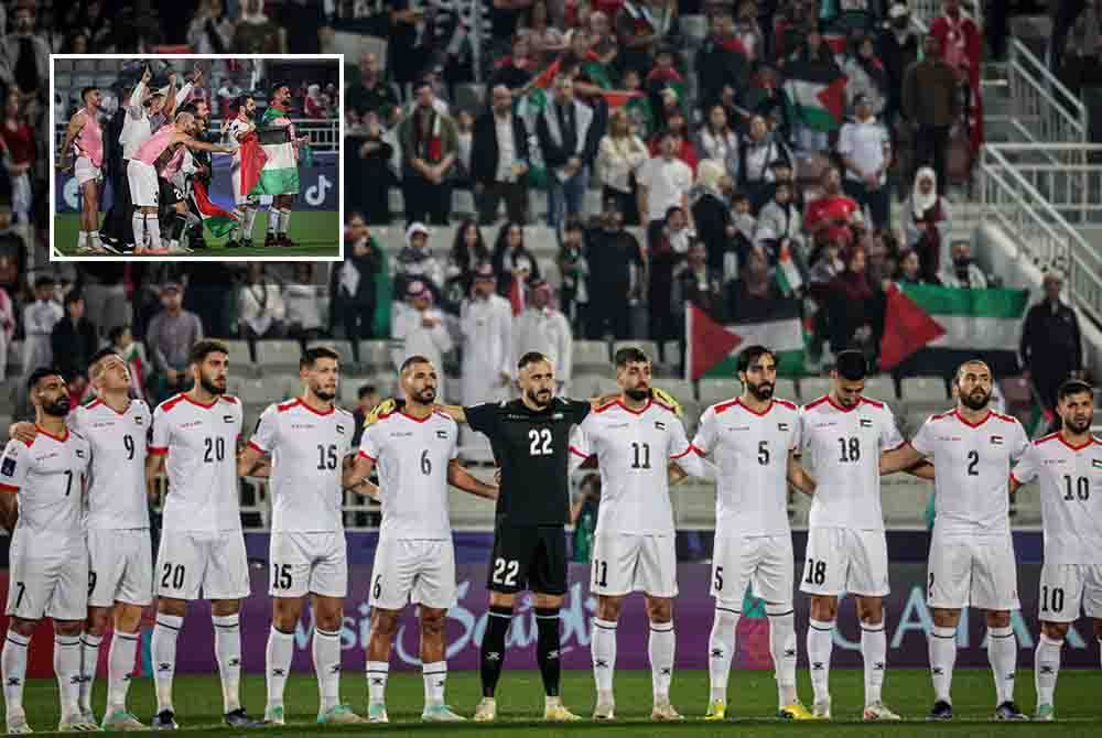 Pasukan Palestin pada perlawanan Hong Kong menentang Palestin peringkat kumpulan C Piala Asia 2023 di Stadium Abdullah Bin Khalifa. Foto Bernama. Pasukan Palestin pada perlawanan Hong Kong menentang Palestin peringkat kumpulan C Piala Asia 2023 di Stadium Abdullah Bin Khalifa. Foto Bernama