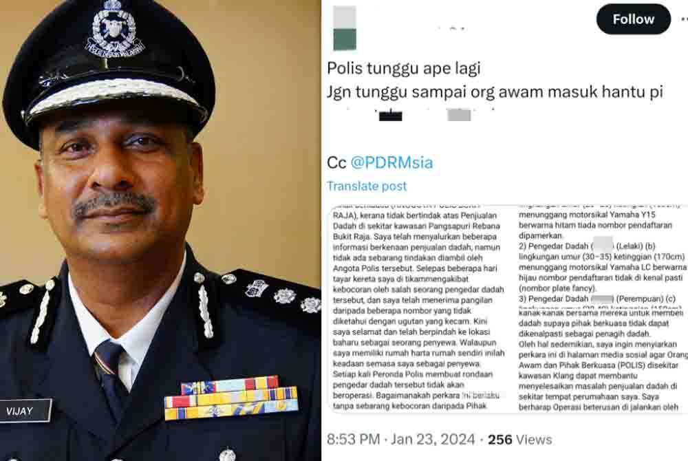 Vijaya Rao. Tangkap layar hantaran yang dibuat pengguna media sosial X mengenai ketidakpuasan hati berkaitan aktiviti penyalahgunaan dadah di kawasan Pangsapuri Rebana, Klang.