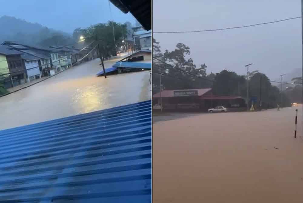 Banjir kilat itu susulan hujan lebat sejak 3 petang menyebabkan air sungai melimpah memasuki pekan Sungai Lembing manakala air dari kawasan bukit pula memenuhi jalan raya dan lorong di lokasi terbabit. Foto Facebook Ayub Ashri