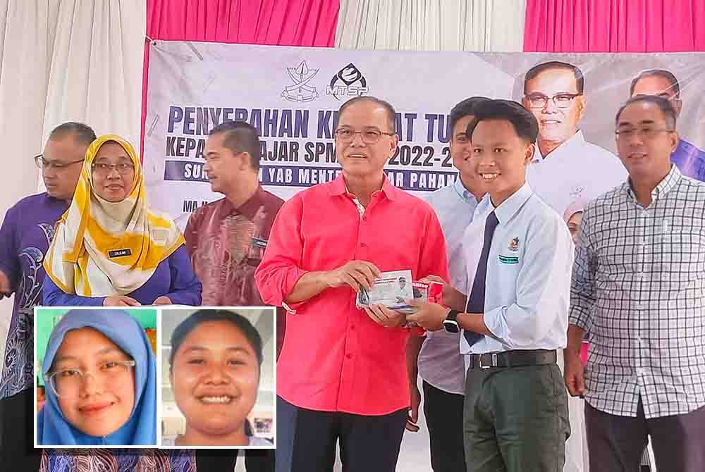 Wan Rosdy menyampaikan kit alat tulis kepada calon SPM di SMK Lanchang. Gambar kecil: Nurhafizhulina Hana, Farah