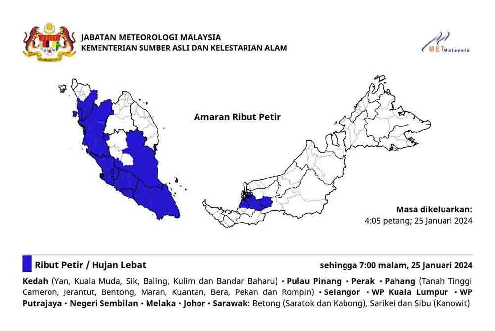 MetMalaysia mengeluarkan amaran ribut petir, hujan lebat di sembilan negeri sehingga 7 malam Khamis.