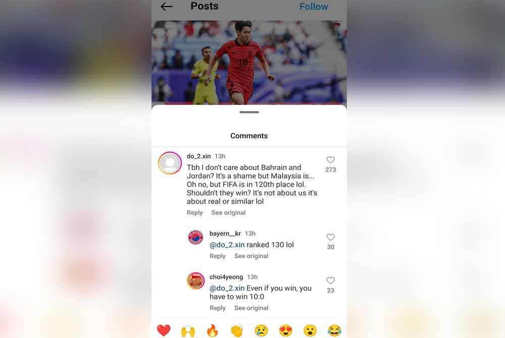 Antara komen penyokong Korea di laman Instagram Thekfa.