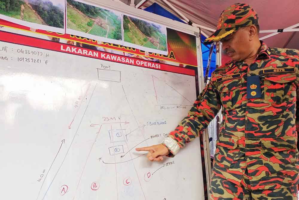 Ismail menunjukkan lakaran kawasan operasi mencari dan menyelamat kejadian tanah runtuh di Batu 59, Blue Valley, Cameron Highlands.