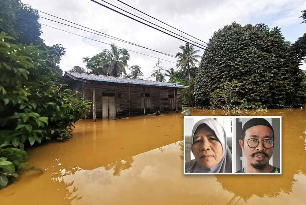 Keadaan rumah yang terjejas selepas dinaiki air akibat hujan lebat yang berterusan sejak petang Khamis. Gambar kecil dari kiri: Kamarah, Mohd Azrol