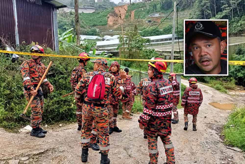 Pasukan Khas Operasi, Taktikal dan Penyelamat Malaysia (Storm) yang digerakkan bagi bantuan operasi mencari dan menyelamat terpaksa berjalan kaki sejauh 3 kilometer disebabkan laluan terhalang. Gambar kecil: Azri