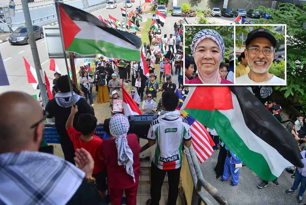 Sebahagian peserta yang menyertai Protes Genosid Israel terhadap Palestin berhampiran Kedutaan Amerika Syarikat (AS) di Jalan Tun Razak pada Ahad. - FOTO: SINAR HARIAN/ASRIL ASWANDI SHUKOR (Gambar kecil: Dr Habibah, Nazari)