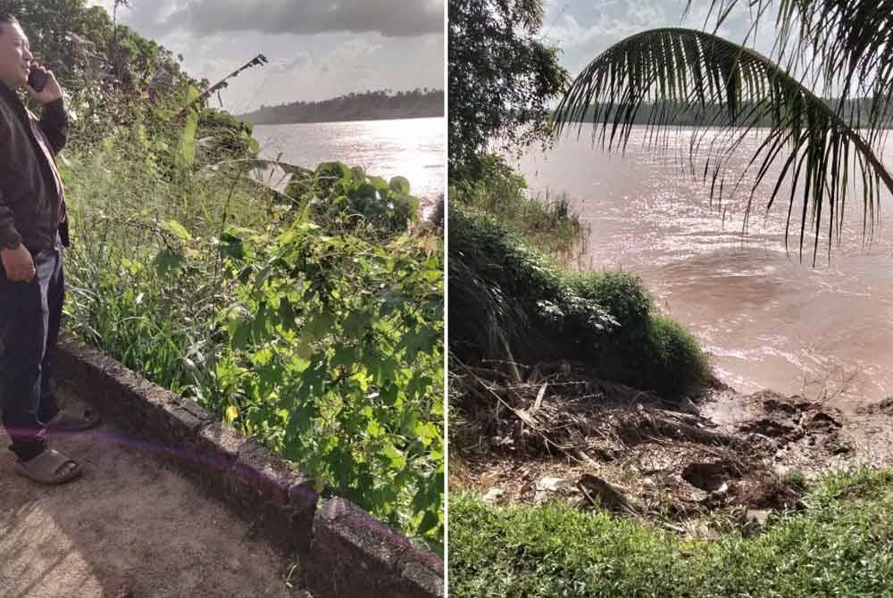 Kedudukan sungai hanya berada beberapa meter dari kawasan kediaman penduduk. Gambar kanan: Kawasan tebing yang runtuh membahayakan kawasan rumah penduduk