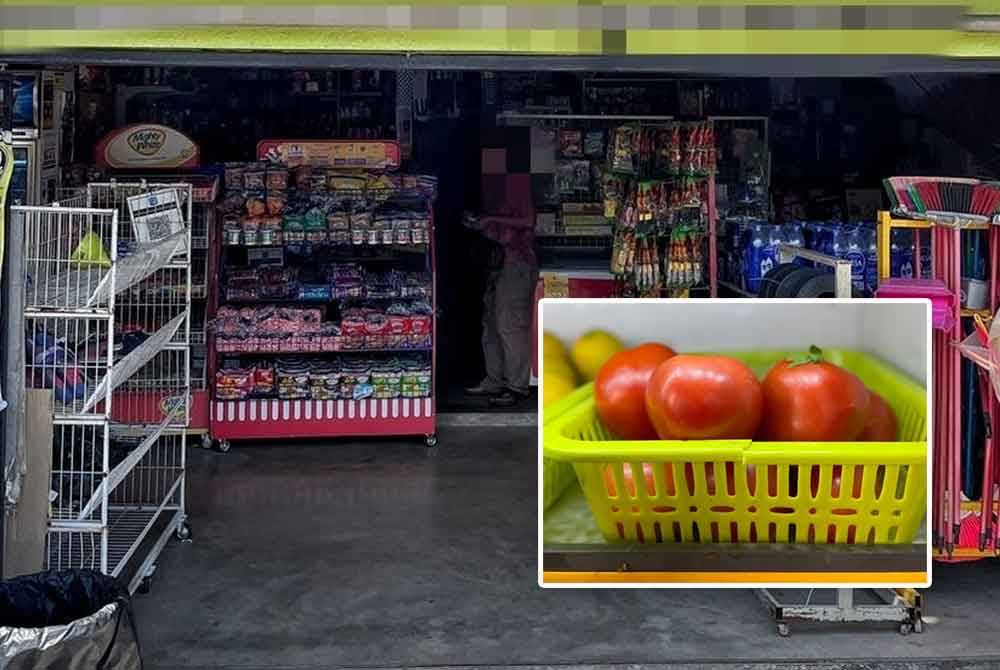 Sebuah pasar mini yang didapati gagal mempamerkan tanda harga buah tomato. Gambar kecil: Tomato gred A yang didakwa dijual dengan harga mencecah RM14.25 sekilogram.