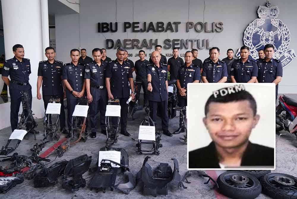 Ahmad Sukarno (lima dari kanan) menunjukkan hasil rampasan di Ibu Pejabat Polis Daerah Sentul pada Selasa. - FOTO: SINAR HARIAN/ ROSLI TALIB (Gambar kecil: Polis sedang mengesan individu ini bagi membantu siasatan berhubung kes curi motosikal.)