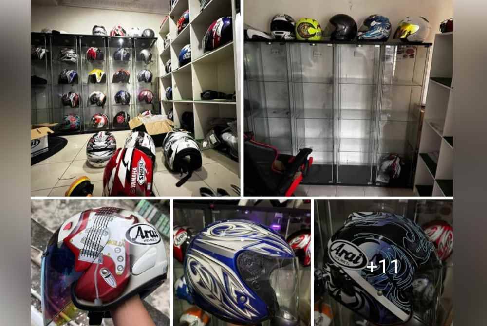 
Topi keledar jenama Arai dan Shoei yang dilarikan suspek. Foto tular Facebook RXZ Members - Official.