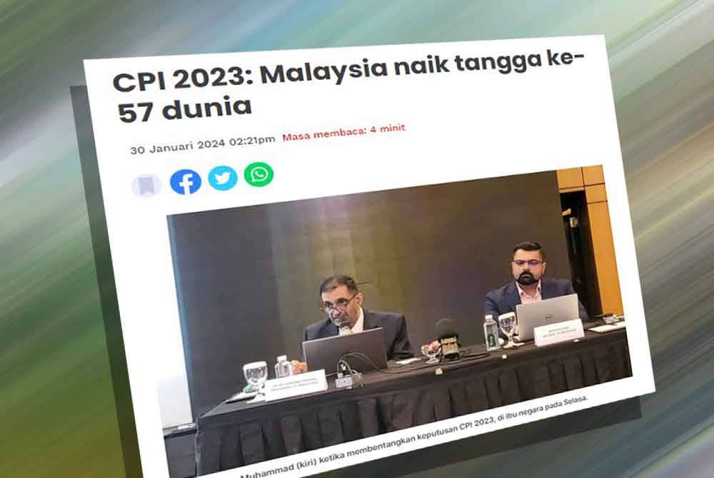 Skor Malaysia dalam Indeks Persepsi Rasuah (CPI) 2023 yang dikeluarkan Transparency International (TI) mencatatkan peningkatan kepada tangga 50 mata berbanding 47 mata pada 2022.