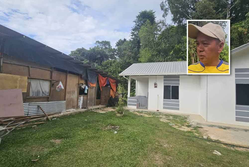 Pondok yang didiami Raymund dan rumah SMJ yang diterimanya di Kampung Biau, Papar. Gambar kecil: Raymund Ohchoi